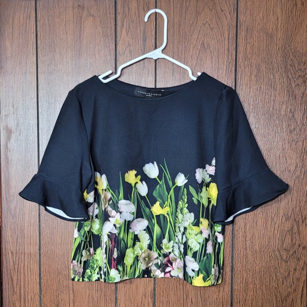 Victoria Beckham Target Black Floral Bell Sleeve Cropped Top Size M Spring